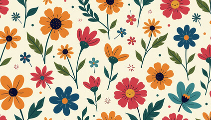 seamless floral pattern vintage hippie flowers colorful pastel colors vector background daisies natural