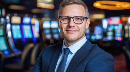 Smiling man in blue suit with glasses against casino gaming machines background. Entertainment business concept ideal for hospitality management recruitment and gambling industry marketing