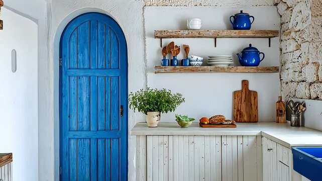 Charming Blue Doorway in Modern Kitchen with Natural Light and Rustic Shelves, Bright Decor, and Contemporary Style for Home Interior Inspiration