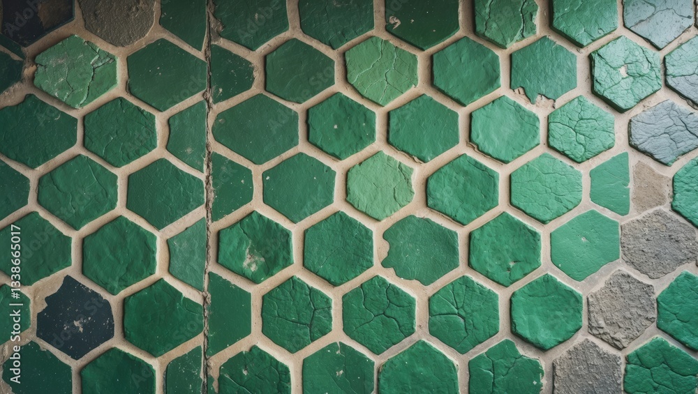 Poster hexagonal green tile pattern on cement floor with varying shades of green tiles arranged neatly in r