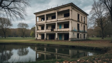 Fototapeta premium Abandoned two-story building by a pond with cracked walls and broken windows under a cloudy sky in an overgrown park, evoking eerie feelings.