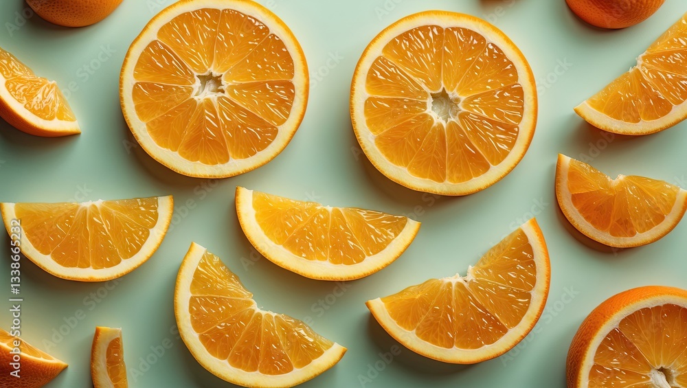 Aufkleber fresh ripe orange slices arranged on a soft pastel blue background with varying shapes and positions