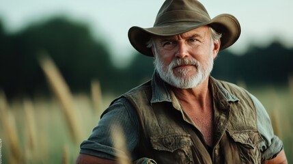 A determined farmer with an intense gaze stands in a vibrant green field, representing the perseverance and strength found in agricultural life and rural landscapes.