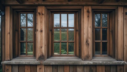 Three wooden windows with a rustic design framed in rich brown tones, positioned symmetrically, reflecting greenery outside in a serene setting.