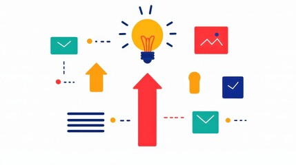 Creative Lightbulb Concept with Arrows, Images, Icons, and Visual Elements for Innovative Ideas Generation