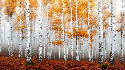 serene foggy forest with tall white birch trees and vibrant orange leaves, creating tranquil and mystical atmosphere