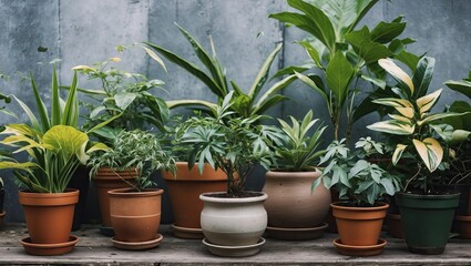 Fototapeta premium Potted plants of various sizes and leaf shapes arranged on a rustic surface against a textured blue wall, featuring green and earthy tones.