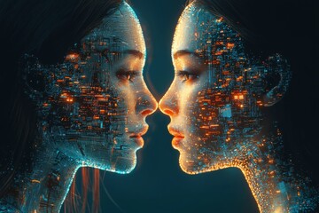 Futuristic city art digital connection in duality of two faces