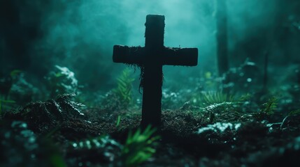 A shadowy cross emerges amidst a fog-laden forest, surrounded by lush greenery, evoking a sense of solitude, mystery, and a connection to nature and spirituality.