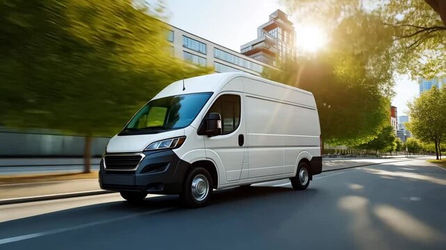 Efficient urban delivery van navigating city streets for last-mile logistics.