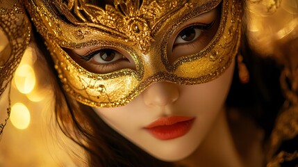 Seductive Asian Woman in Golden Fancy Mask Costume - Elegant Portrait