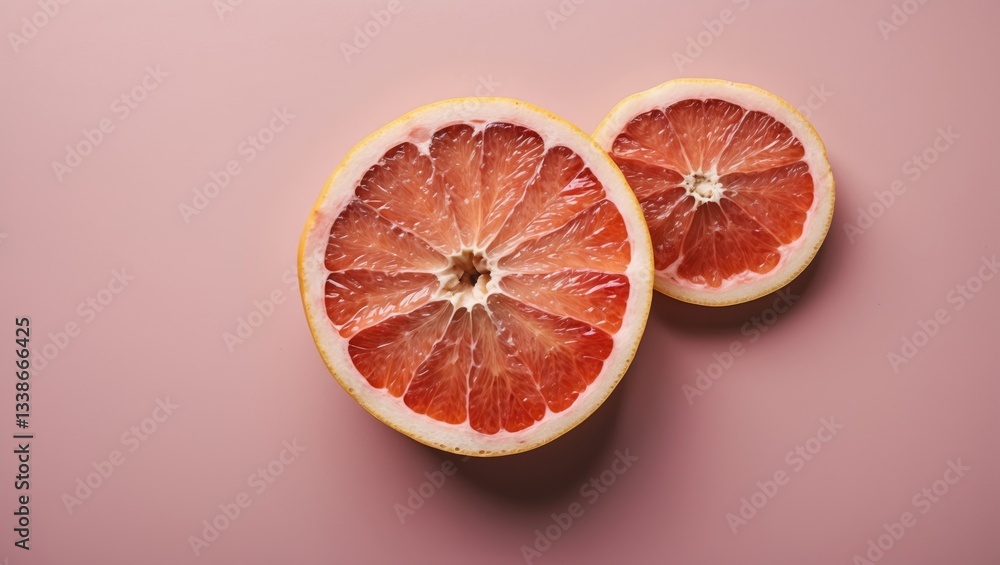 Poster sliced grapefruit halves in light pink position centered on soft pastel pink background creating amp