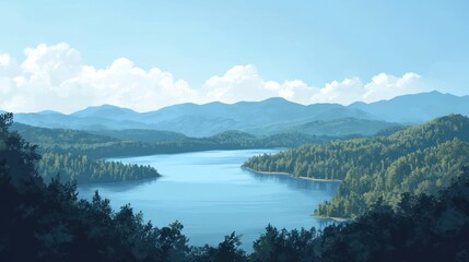 Obraz premium Scenic mountain lake vista, tranquil landscape, nature, serene