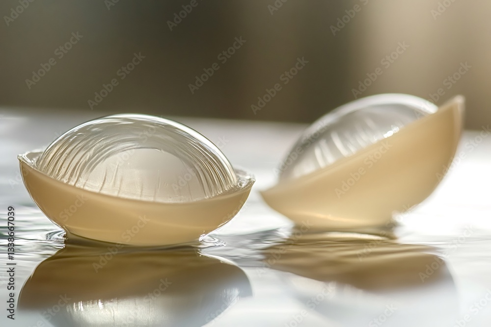 Poster two silicone breast implants are gently floating on a water surface, creating subtle ripples and ref