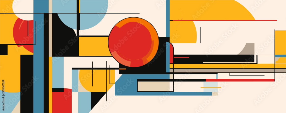 Poster abstract geometric composition with circles and lines in bold colors.