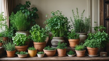 Fototapeta premium Lush green potted herbs displayed on a wooden table in a bright room with natural light, featuring various terracotta and ceramic pots.