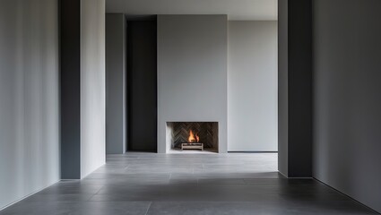 Fototapeta premium Minimalist gray hall interior featuring a central fireplace with soft glowing flames, sleek gray walls and floor creating an open spacious feel.