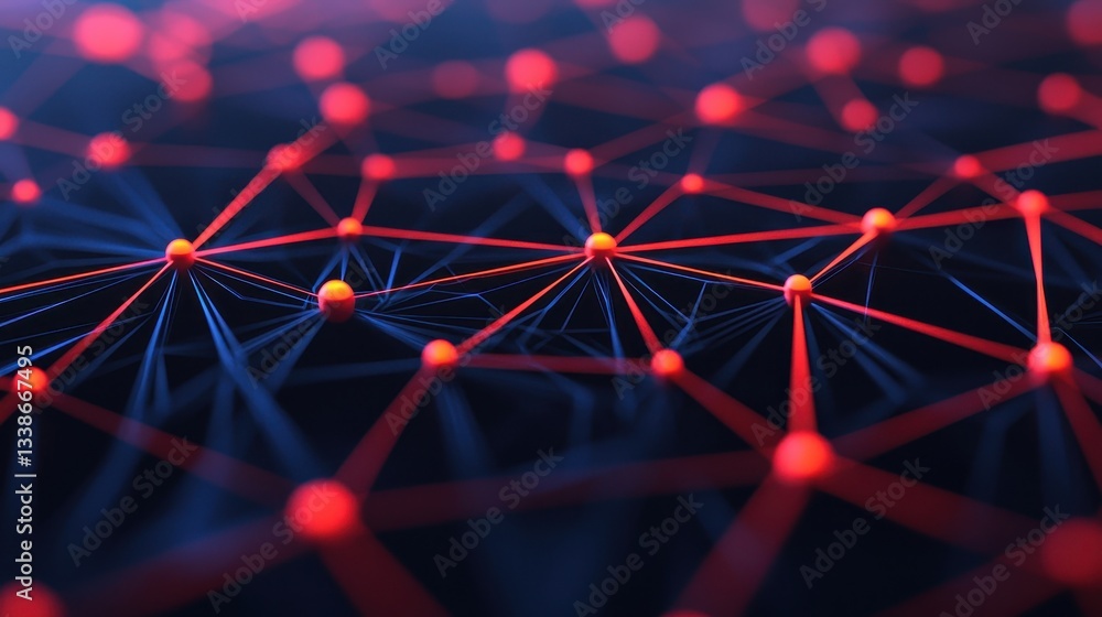 Poster abstract network structure with glowing nodes connected by lines in blue and red shades creating a f