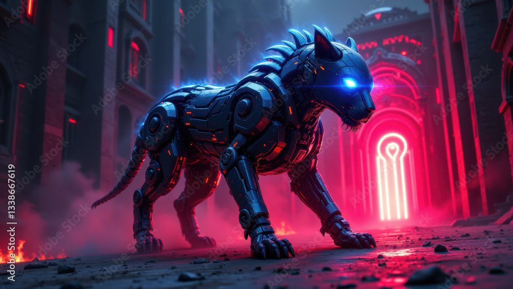Aufkleber a futuristic robotic wolf stands on a cybernetic bridge with glowing lights, representing advanced t