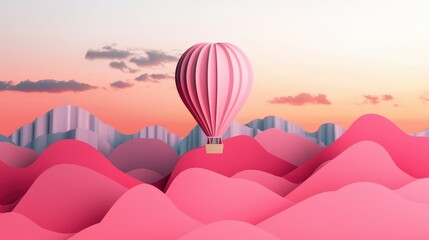 Obraz premium Dreamy hot air balloon floating over pink hills during sunset, beautiful surreal landscape, pastel colors in sky