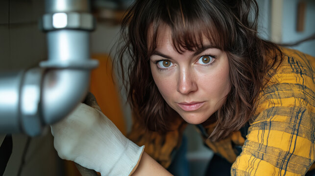 Woman with brown wavy hair and intense expression wearing yellow plaid shirt in kitchen setting. Home repair concept for plumbing services, DIY tutorials and home maintenance guides