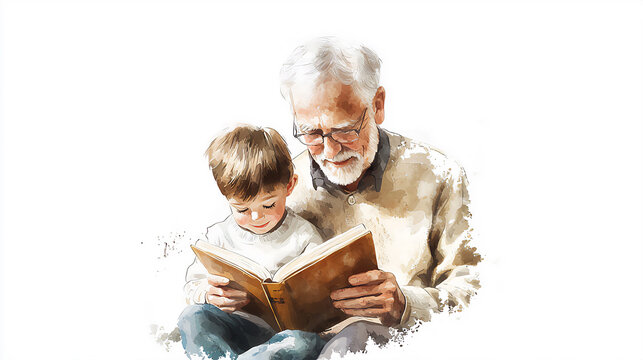 Heartfelt watercolor image of a grandfather engrossed in reading to his grandson