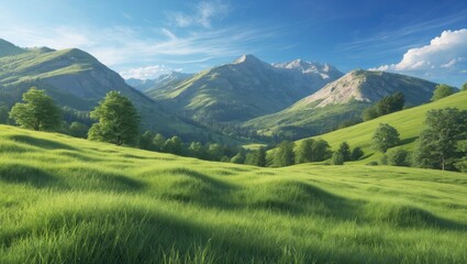 Obraz premium Lush green rolling hills under a bright blue sky with distant snow-capped mountains in a tranquil summer landscape setting.