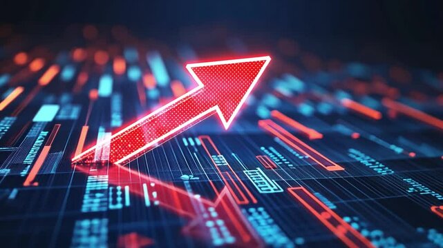 Vibrant Digital Technology An Abstract Journey of Growth and Progress with Neon Arrows, Lines, and Data in Futuristic Landscape