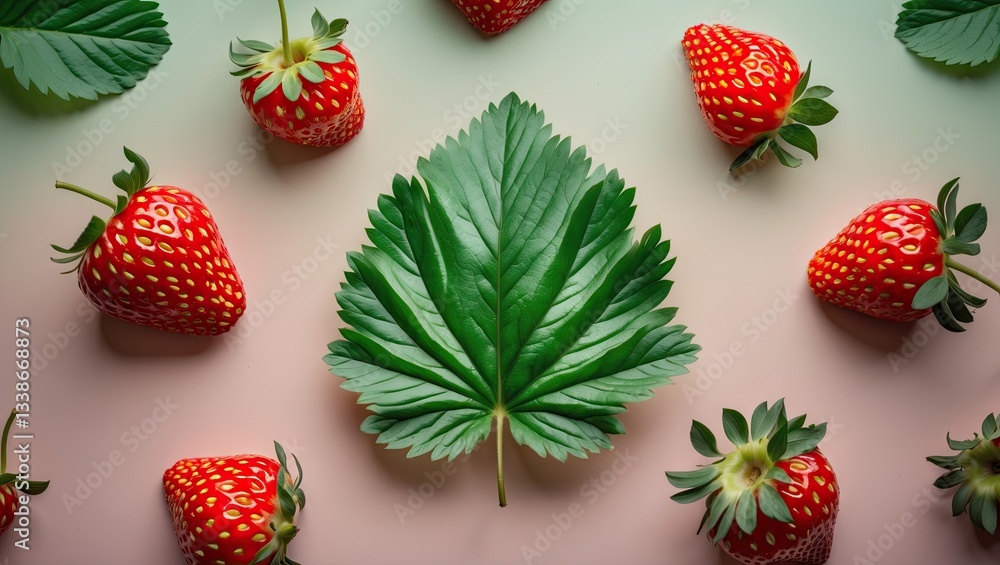 Aufkleber strawberry leaf centered on a pastel gradient background with surrounded fresh strawberries arranged