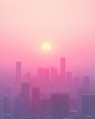 Fototapeta premium Serene cityscape bathed in soft pink hues at sunrise creating a tranquil urban vista with modern architecture and hazy atmosphere