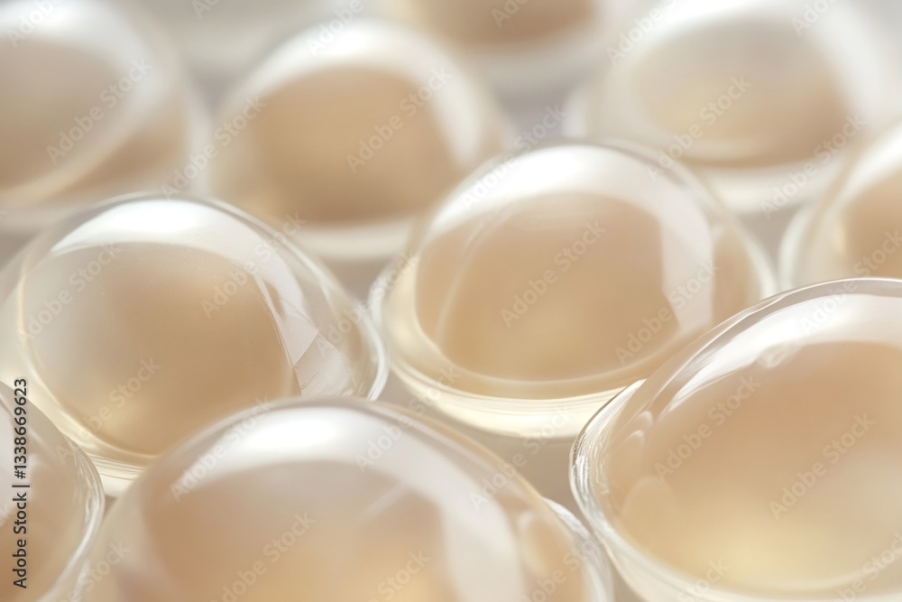 Poster numerous translucent gel capsules filled with a light-brown substance create an intriguing textured 