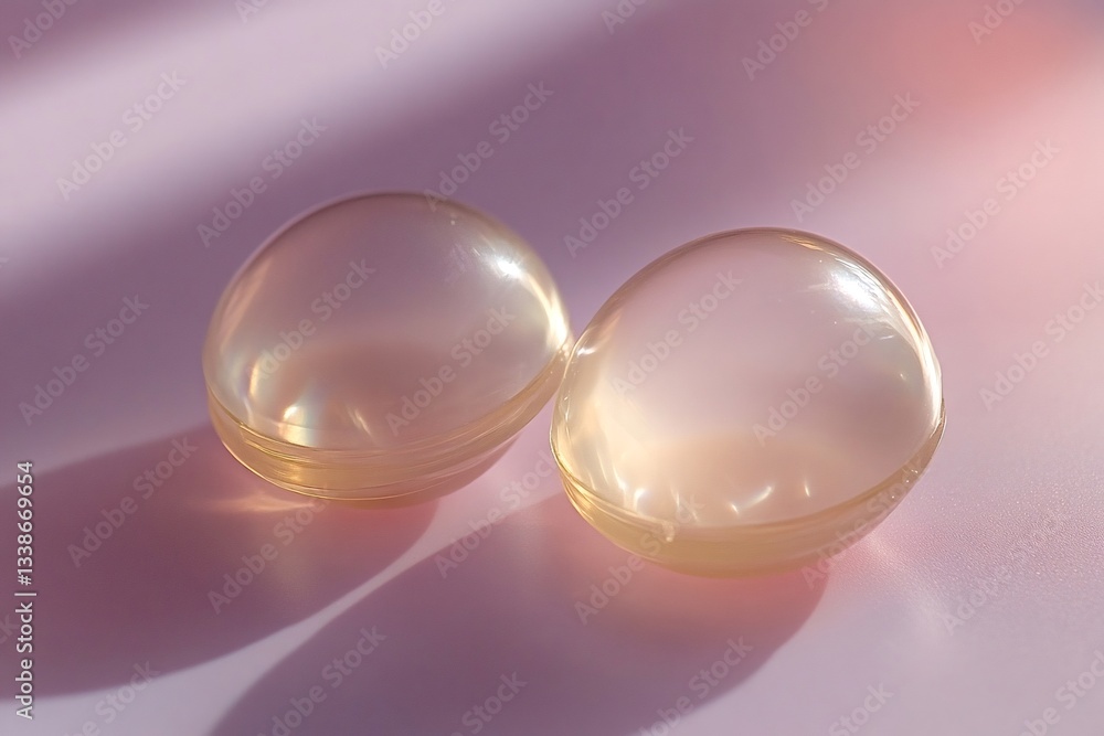 Poster two translucent spheres, bathed in soft light, rest on a smooth pink surface, their rounded forms ca