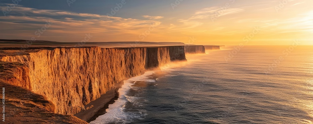 Poster seaside cliffs landscapes idea. stunning coastal cliffs at sunset, creating a breathtaking view of n