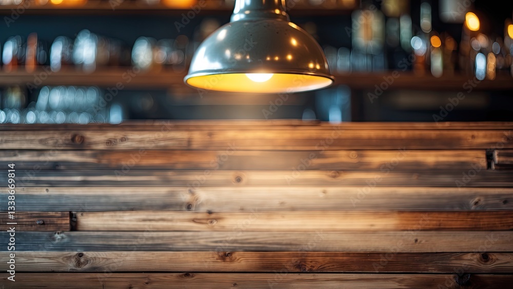 Aufkleber cozy wooden bar setting featuring a blurred metallic lamp with warm sunlight creating a serene ambia