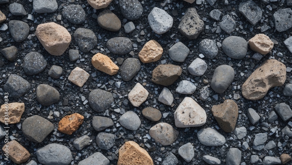 Poster gravel texture composition featuring various sized gray and beige stones scattered on a dark backgro