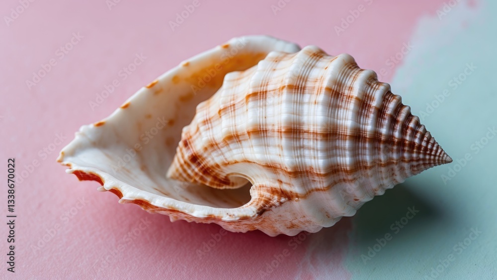Aufkleber seashell with intricate orange and white patterns positioned on the left, against a soft pink and gr