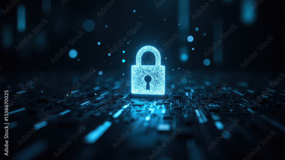 Poster this is a digital image with a focus on cybersecurity, featuring a glowing lock icon set against a t