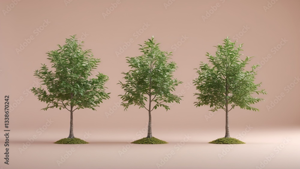 Poster three small green trees lined up in a row on a soft pastel beige background representing growth and 