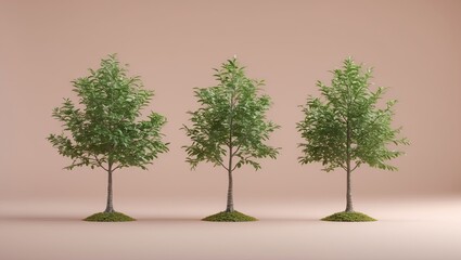 Fototapeta premium Three small green trees lined up in a row on a soft pastel beige background representing growth and harmony in nature.