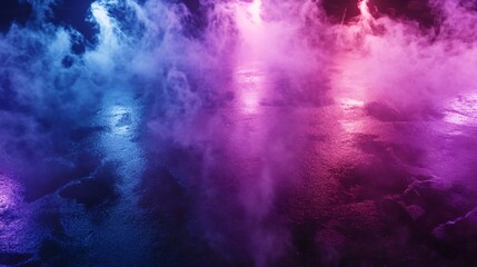 Dramatic Wet Asphalt Neon Light Reflection on Wet Surface Creates Mystical Smoke Effect