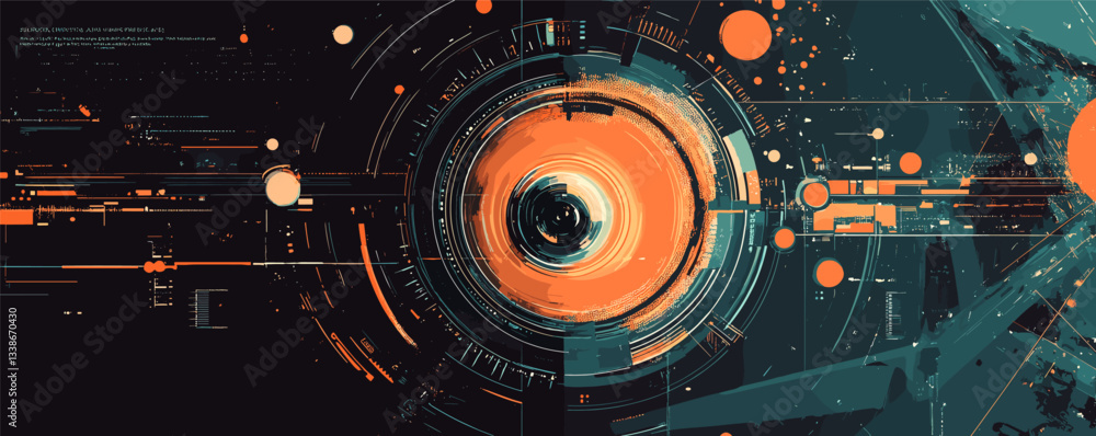 Poster futuristic digital art with abstract circles and technological patterns in teal and orange.
