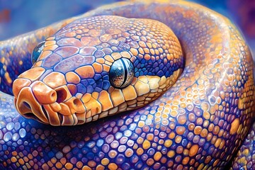 Obraz premium Close-up view of a vibrant python snake, highlighting intricate and colorful scale patterns while resting in a relaxed, coiled position, revealing stunning details of its skin texture