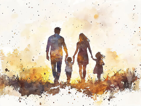 Heartwarming watercolor image of a family sharing a peaceful sunset walk