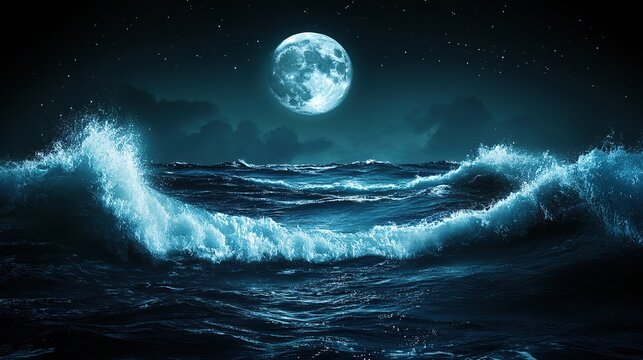 Ocean waves crashing at night under full moon