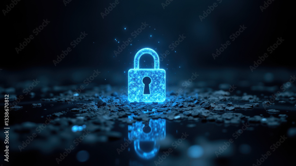 Poster a digital illustration featuring a glowing blue lock symbolizing security within a tech or devops co