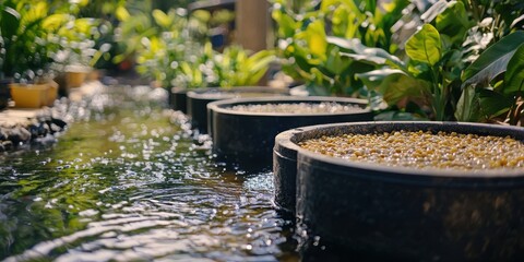 Fototapeta premium Tranquil water flow garden oasis nature photography close-up view