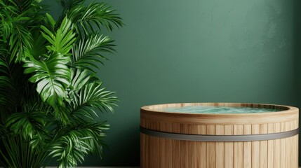Relaxing Wooden Hot Tub Surrounded by Lush Green Tropical Plants in Modern Indoor Setting
