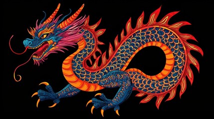 Stunning Colorful Dragon Illustration with Intricate Details and Bold Flames on a Black Background