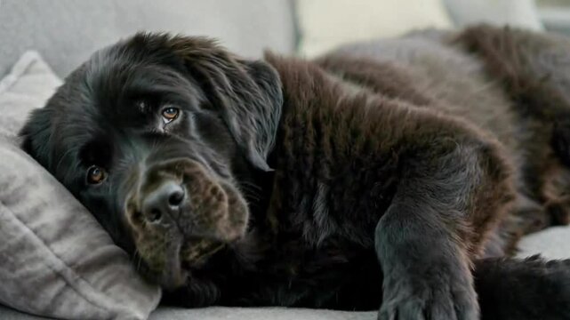 Giant Newfoundland dog sprawled across a cozy couch, resting its head on a fluffy pillow, stretching its paws, and curling up for a peaceful nap.