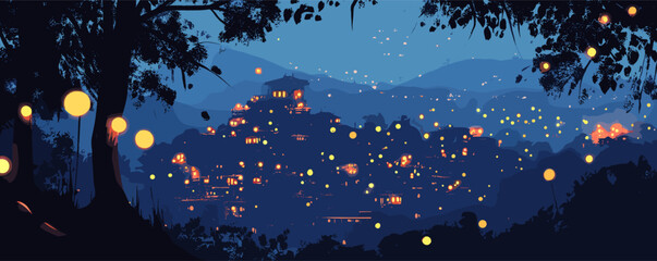 Nighttime view of enchanted village with glowing lights amidst trees and mountains.